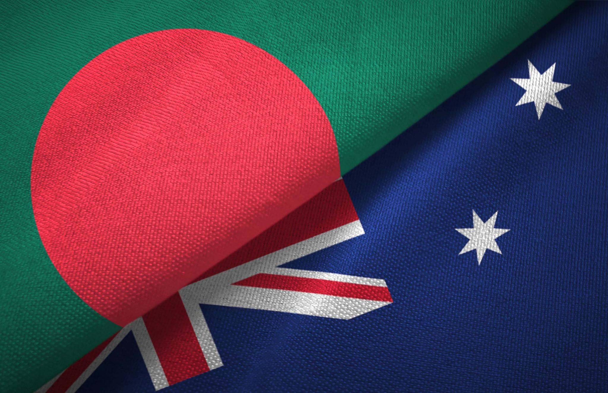 Bangladesh and Australia two flags textile cloth, fabric texture by Oleksii on Adobe Stock